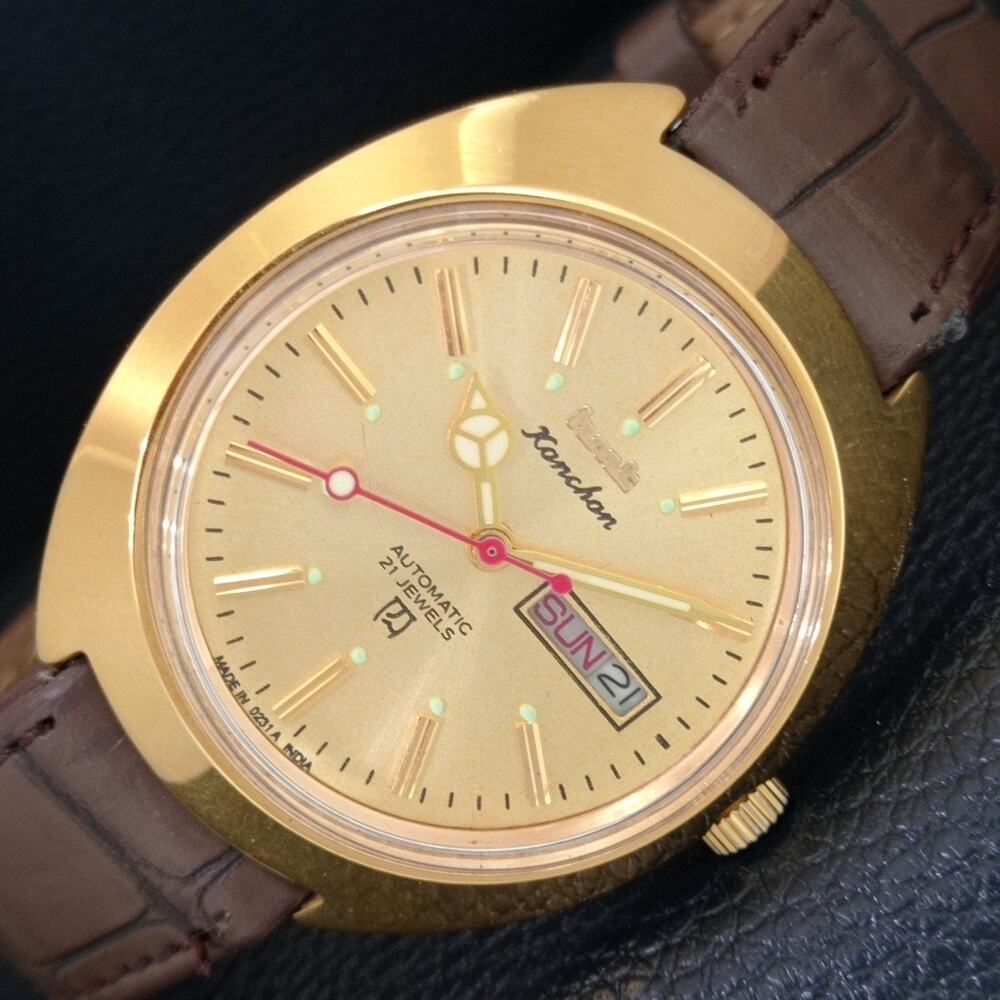 Vintage 1978 HMT Automatic Mens Gold Watch W/Daydate & Gold Accents